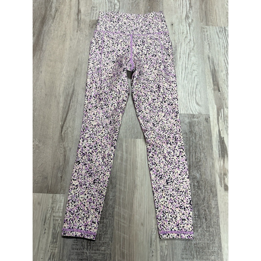 Athleta Salutation Stash 7/8 Tight Purple Yellow‎ Abstract Floral Leggings TP